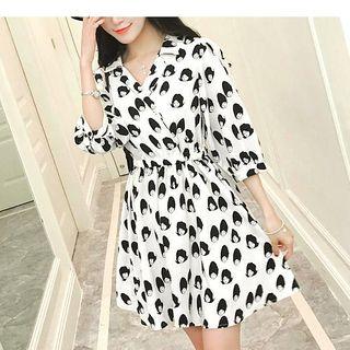Print 3/4 Sleeve Collared Dress