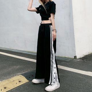 Lettering Two-tone Wide Leg Pants