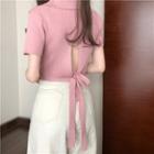 Short-sleeve Plain Tie-back Knit Top