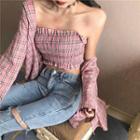 Set: Frilled Strapless Top + Plaid Shirt