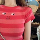 Striped Short-sleeve Slim-fit Cropped Top Red - One Size