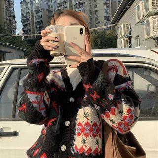 V-neck Patterned Knit Cardigan Black - One Size