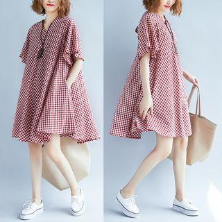 Elbow-sleeve Plaid A-line Dress As Shown In Figure - One Size