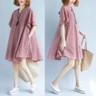 Elbow-sleeve Plaid A-line Dress As Shown In Figure - One Size