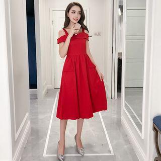 Cold Shouilder Short-sleeve A-line Midi Dress