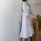 Round-neck Tie-waist Perforated Dress Ivory - One Size