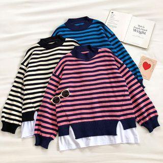 Mock Two-piece Asymmetric Color-block Striped Long-sleeve Sweater