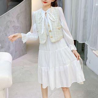 Bow-neck Midi A-line Dress / Tweed Vest / Set