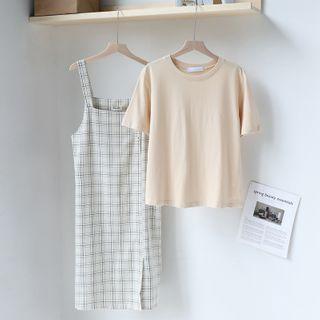 Short-sleeve Plain T-shirt / Plaid Midi Jumper Dress
