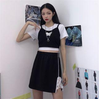 Mock Two Piece Cropped Top / Lace Panel Mini Skirt