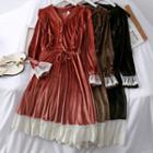 Drawstring-waist Lace-trim Velvet A-line Dress