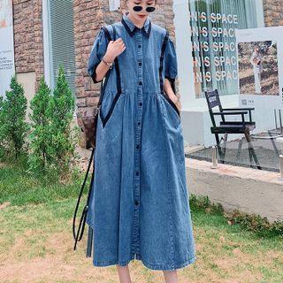 Short-sleeve Henley Contrast Trim Denim Midi Shirt Dress