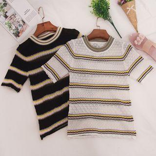 Short-sleeve Color Block Perforated Knit Top