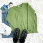 Long-sleeve V-neck Knit Sweater Green - One Size