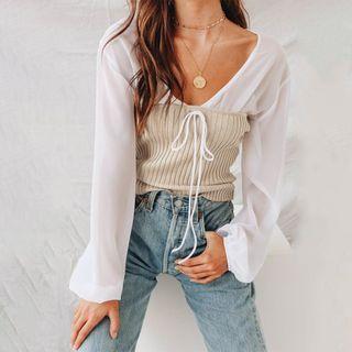 Set: Long-sleeve Chiffon Blouse + Knit Tube Top