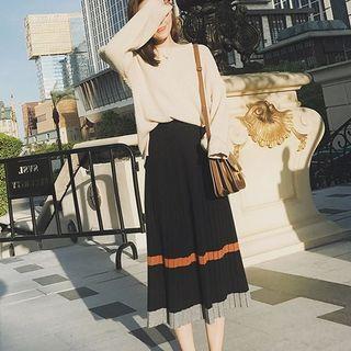 Set: Plain Sweater + Midi Accordion Pleated Skirt