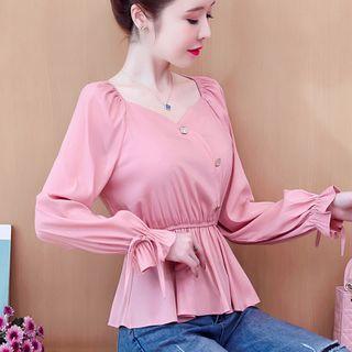 Plain Tie-waist Long-sleeve Blouse