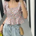Floral Square-neck Puff-sleeve Blouse