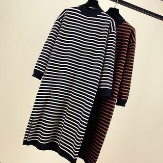 Long-sleeve Striped Mock-neck Knit Dress