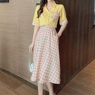 Short-sleeve Plaid Trim Shirt + Plaid Skirt