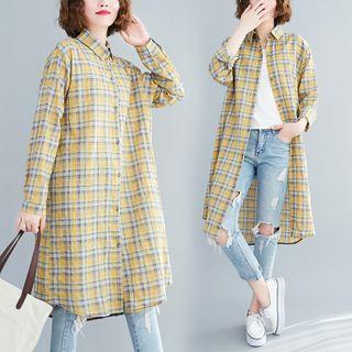 Plaid Long-sleeve Medium Long Shirt Yellow - Plaid - F