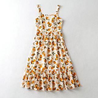Wide Strap Orange Print Midi A-line Dress