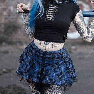 Plaid Lace-up Mesh Panel Mini A-line Skirt