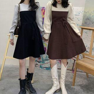 Long-sleeve Two Tone Knit Mini Dress
