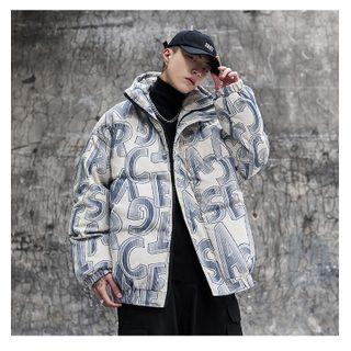 Lettering Print Padded Corduroy Zip Jacket