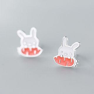 925 Sterling Silver Rabbit Earring 1 Pair - Tangerine Red & White - One Size