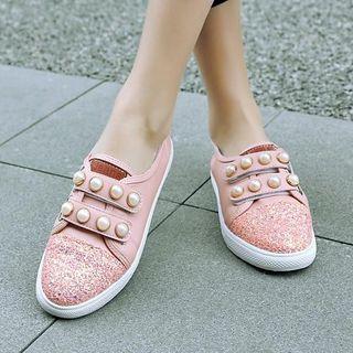 Faux Pearl Sequined Adhesive Strap Sneakers