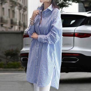 Long-sleeve Striped Mini Shirtdress Blue - One Size