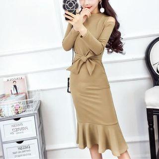 Long-sleeve Cutout-shoulder Ruffle-hem Dress