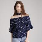 Dotted Off Shoulder Elbow Sleeve Chiffon Top