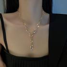 Chained Rhinestone Pendant Necklace Gold - One Size