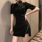 Set: Traditional Chinese Short-sleeve Contrast Trim A-line Mini Dress + Shorts