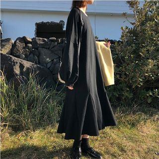 Plain Round-neck Long-sleeve Dress Black - One Size