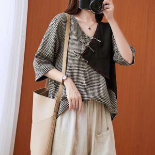 Gingham Panel Frog-button Blouse