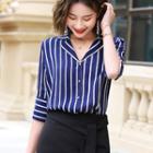 3/4-sleeve Striped Shirt / Fitted Skirt / Set