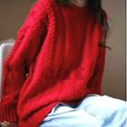Crew-neck Cable Knit Sweater Red - One Size