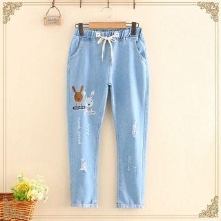 Drawstring Rabbit Embroidered Jeans
