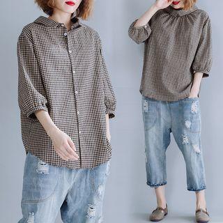 Plaid 3/4-sleeve Blouse Black & White - One Size