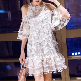Open Shoulder Elbow-sleeve Minidress