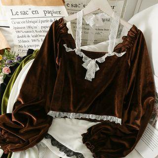 Off-shoulder Lace-panel Velvet Halter Top