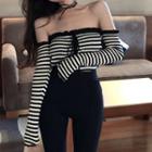 Off-shoulder Striped Knit Top Top - Stripes - Black & White - One Size