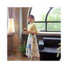 Band-waist Floral Linen Midi Flare Skirt