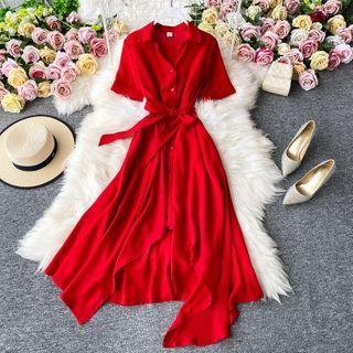 Asymmetric V-neck Short-sleeve Midi Dress