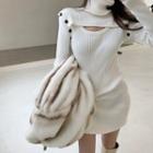 Long-sleeve Turtle Neck Mini Sheath Knit Dress White - One Size