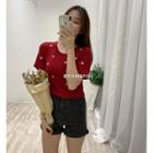 Short-sleeve Embroidered Flower Cropped T-shirt Wine Red - One Size