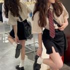 Short-sleeve Striped Shirt / Neck Tie / A-line Skirt